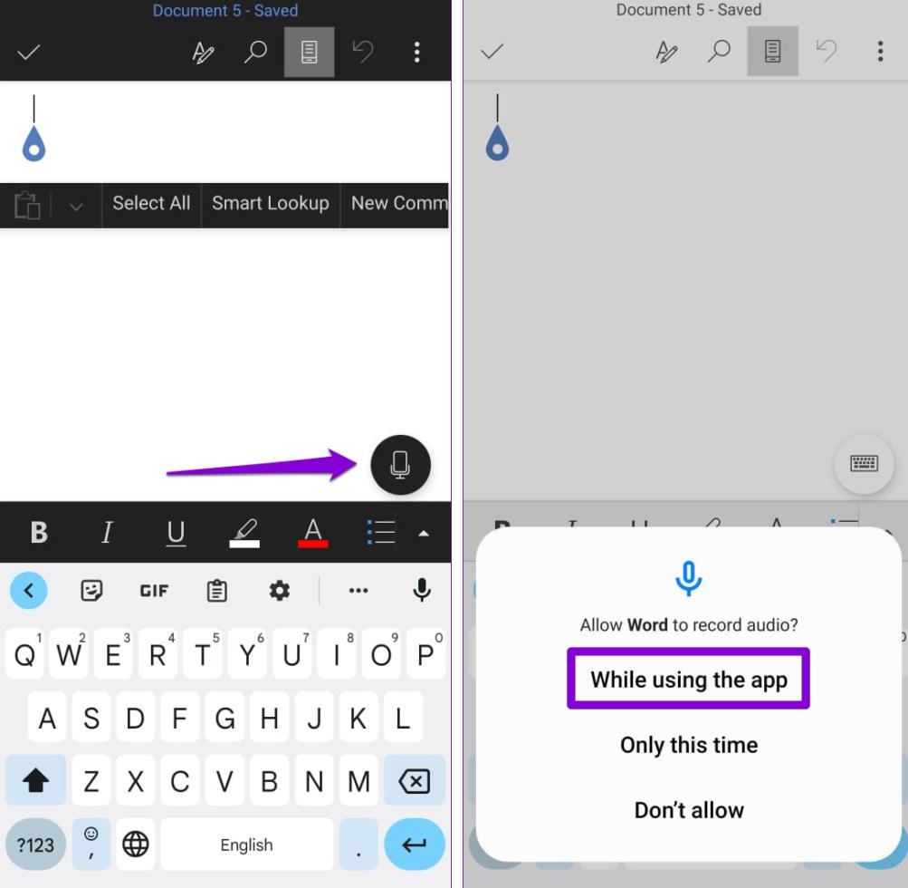 تایپ صوتی در Android Word